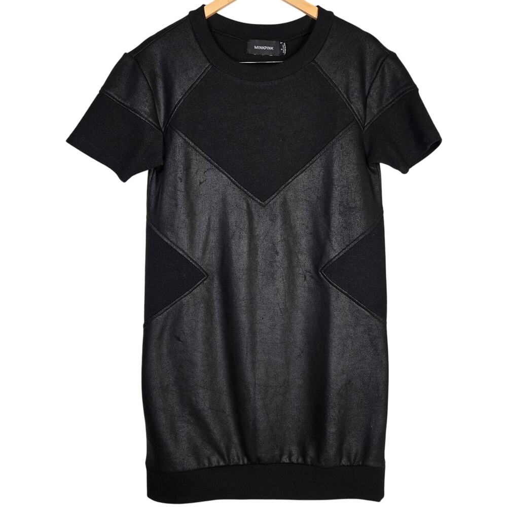 MINKPINK Black Faux Leather & Knit Paneled T-Shirt‎ Dress Size S